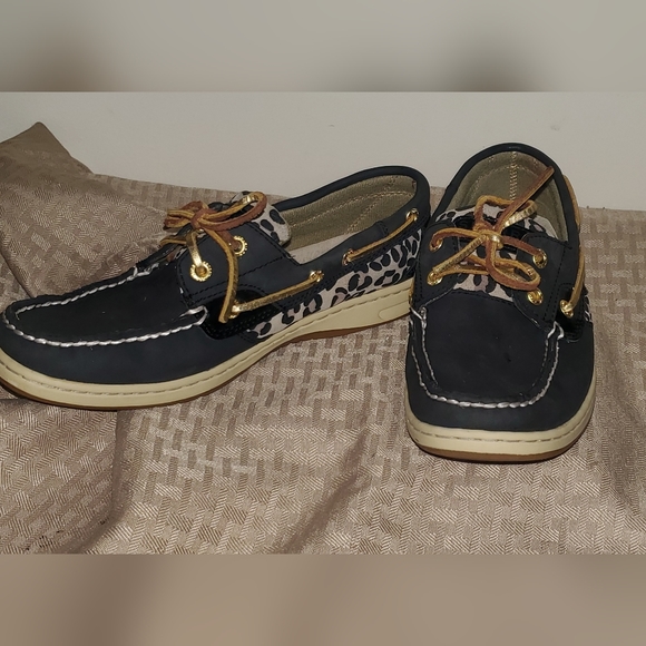 Sperry Black Top-siders w/cheetah and gold trim - Picture 3 of 6